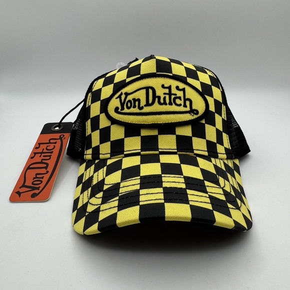 NWT Von Dutch Yellow Black Checker Mesh Trucker Hat SnapBack Cap Y2K Style - Picture 2 of 8